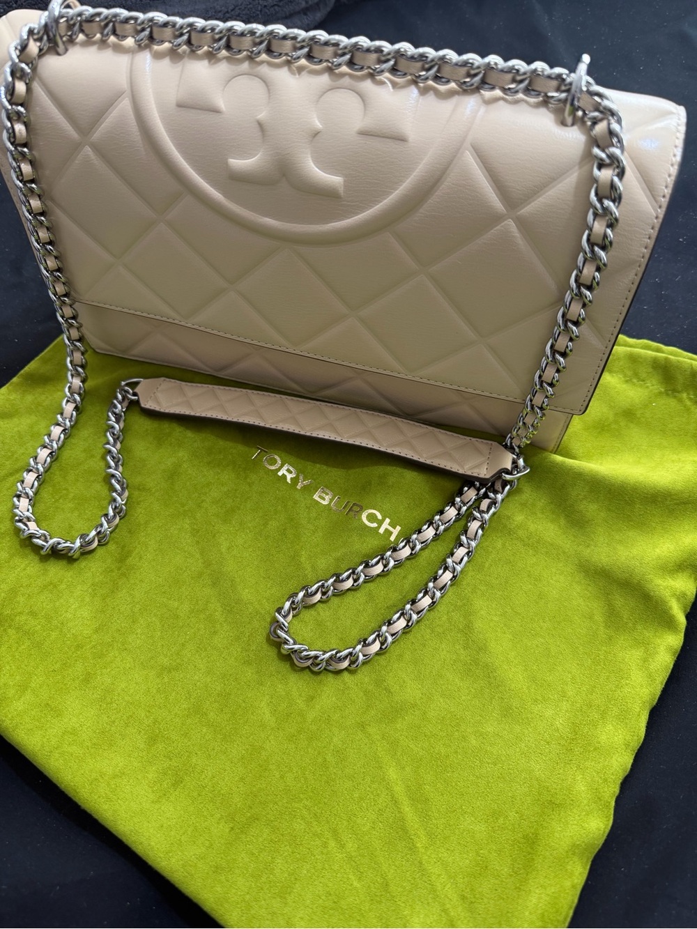 Tory Burch Quilted Leather Chain Shoulder Bag in Light Beige with Silver Chain